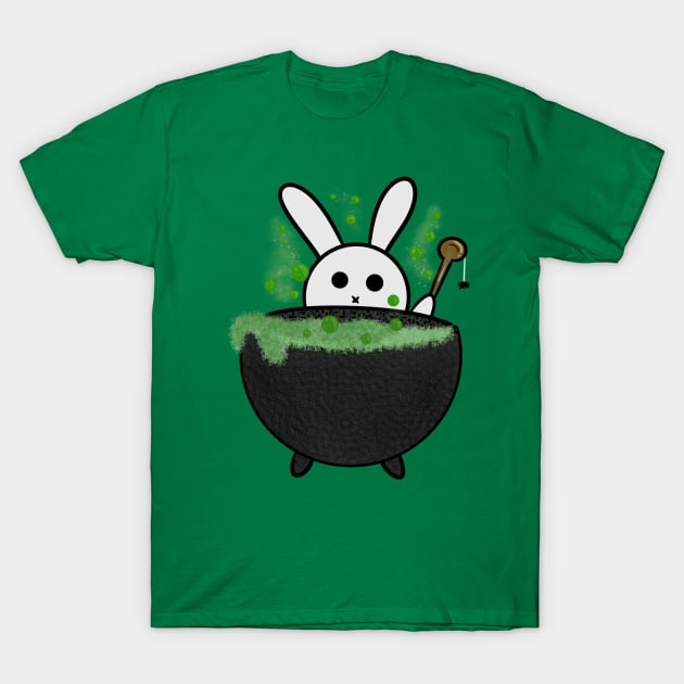 Double Double Toil and Trouble a Rabbit Witch Making A Spell out of a Cauldron T-Shirt by Lobinha